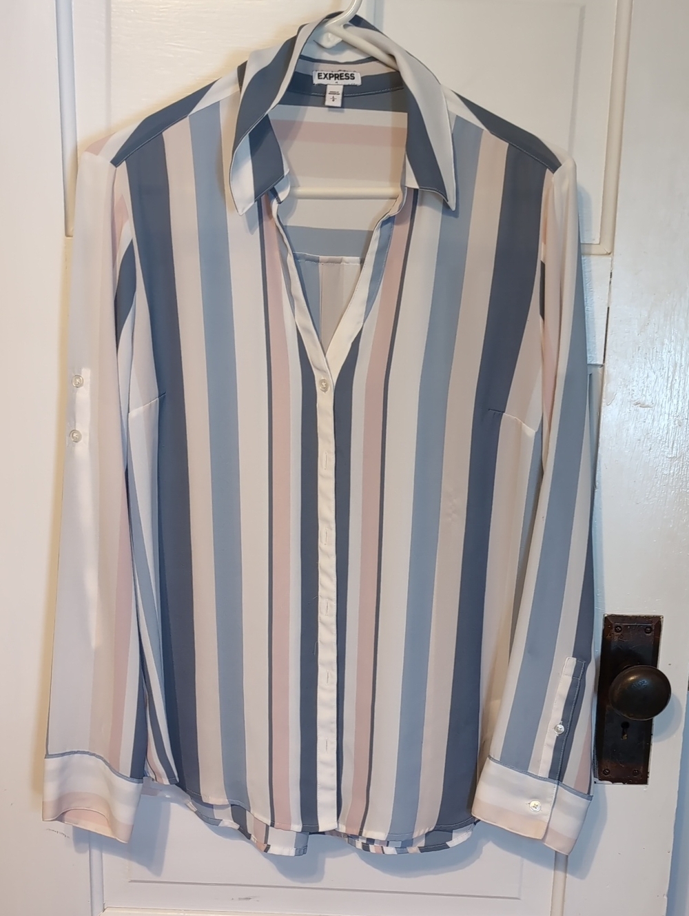 Express Women's Vertical Stripe Button-Down Shirt in Blue, White & Pink